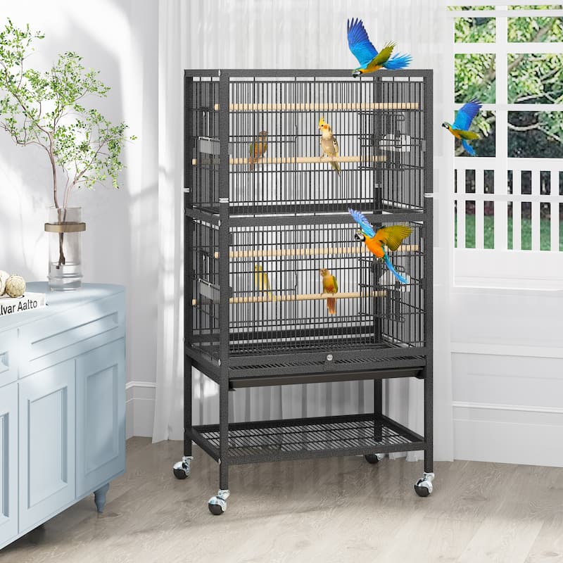 52 inches Bird Cage, Parakeet Cage for Parrot, Cockatiel, Flight cage for Birds with Rolling Stand (2 Extra Birdcage Covers)