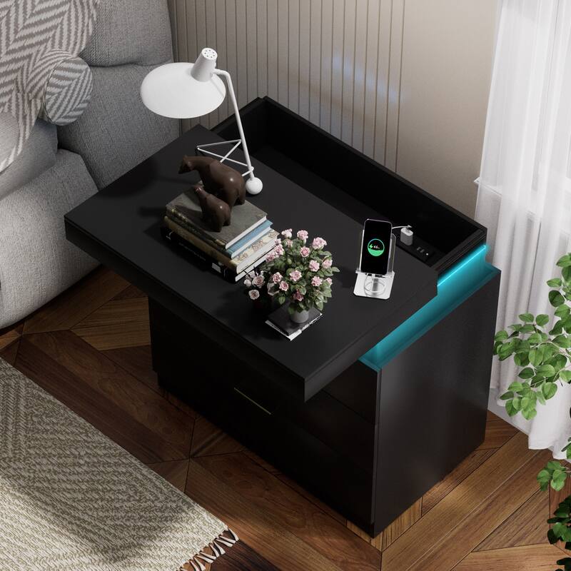 Modern Nightstand with Charging Station, LED Lights, and Sliding Drawer, White