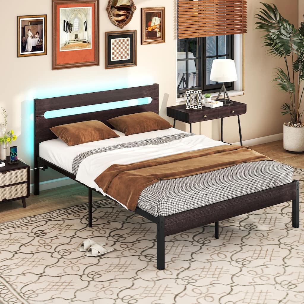 Full Platform Bed Frame with LED Lights and Power Outlets Rustic Wood Headboard Metal Frame