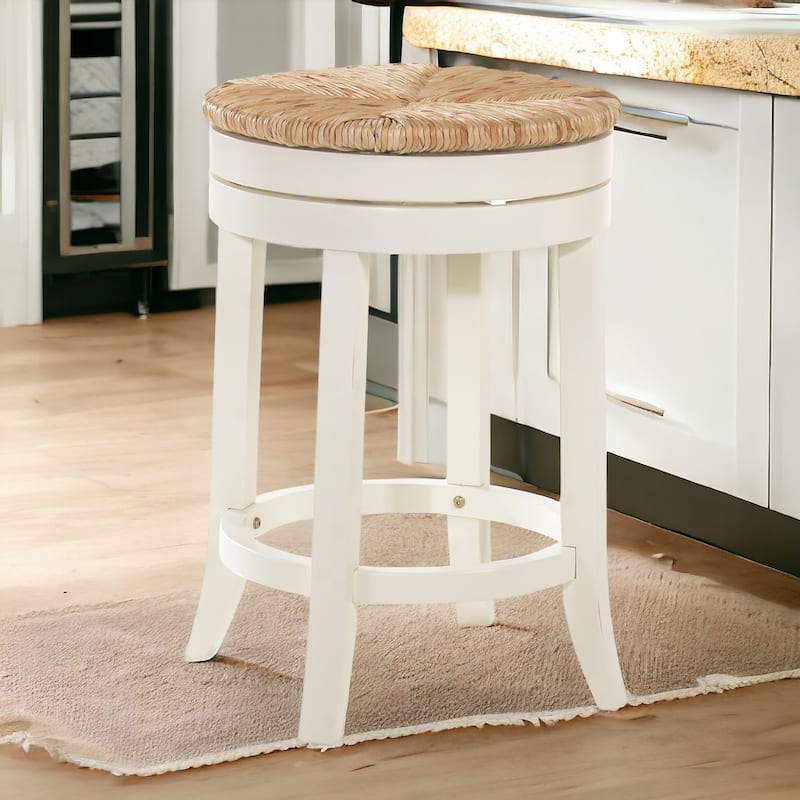 HomeRoots 24" Natural And Antiqued White Solid Wood Swivel Backless Counter Height Bar Chair With Footrest - 19.5