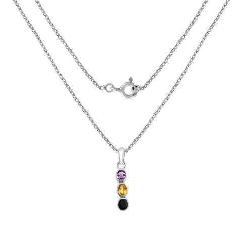 Amethyst, Citrine, Onyx Sterling Silver Oval Long Pendant by Orchid Jewelry