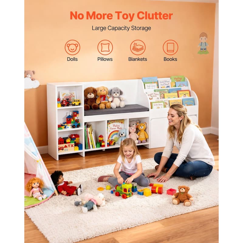 Kids Reading Nook, Wooden Storage Bench with Backrest, Kids Bookshelf & Toy Organizer, Large Toy Box Chest for Playroom