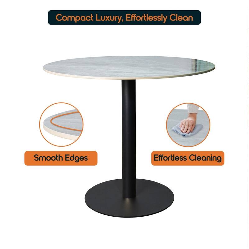 Vail Round Dining Table 27 in. Sintered Stone Tabletop in Black Stainless Steel Round Pedestal Base for Kitchen and Dining Room