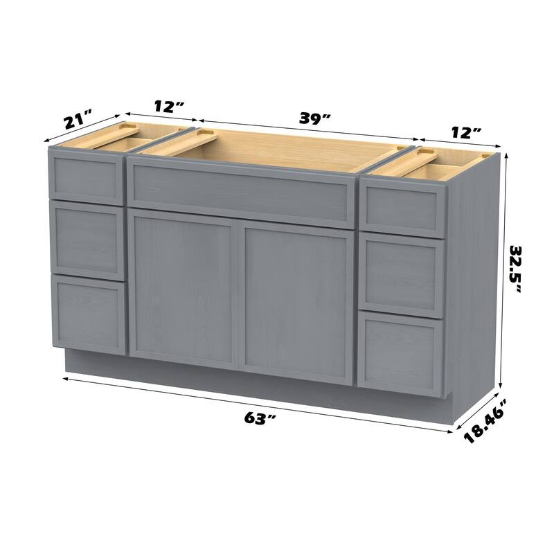 Vanity Art 63" Birch Freestanding Bathroom Vanity Cabinet without Top