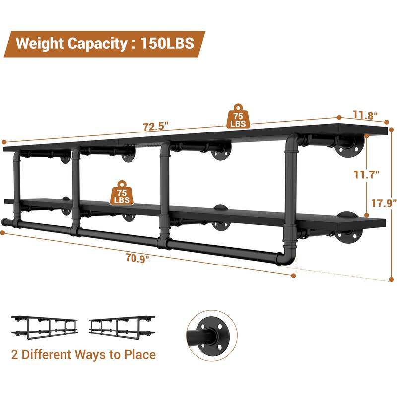 Floating Pipe Heavy-Duty Garment Rack, Wall-Mounted Closet Organizer with Storage Shelves