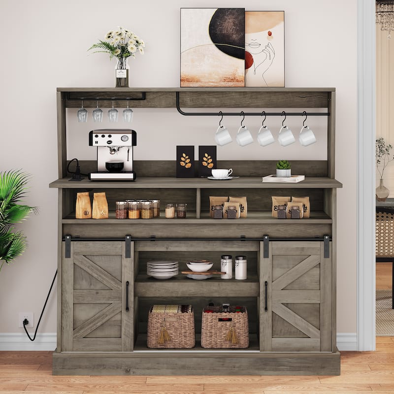 Farmhouse Buffet Cabinet with Storage, Sliding Barn Door, 52"Sideboard Cabinet - 51.9"Lx15.1"Wx51.5"H - Rustic Grey Oak
