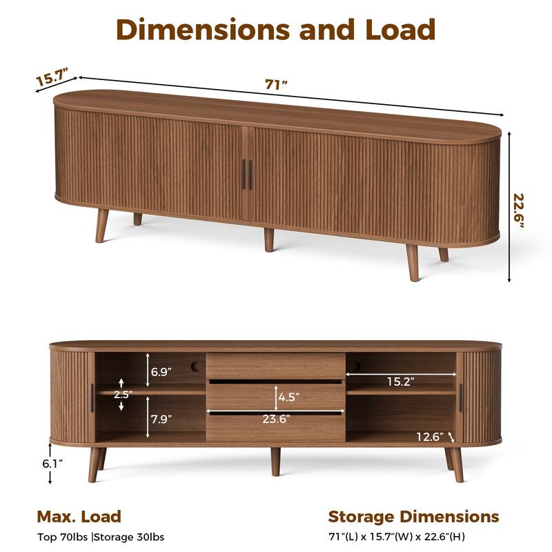 Gymojoy 71" Mid-Century Modern TV Stand, Walnut Media Console with Sliding Doors, Entertainment Center for TVs up to 80".