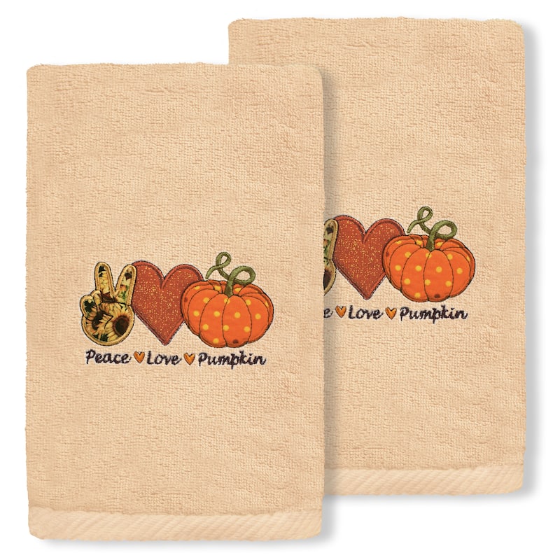 Authentic Hotel and Spa Peace*Love*Pumpkin - Embroidered Luxury 100% Turkish Cotton Hand Towels (Set of 2) - Sand