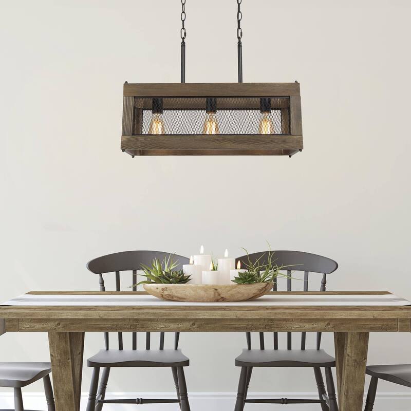 Farmhouse 5-Light Rectangle Wood Chandelier Rustic Island Lights for Dining Kitchen Island