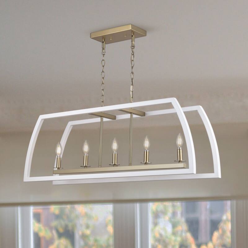 5 Light Kitchen Island Chandelier iron frame in brass and white finish - 13.5"H x 39"W x 9"D