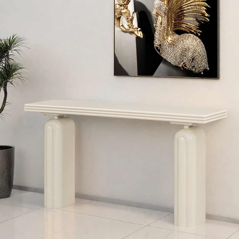 60" Acacia Wood Curved Veneer Console Table - Minimalist Design with Solid Wood Legs