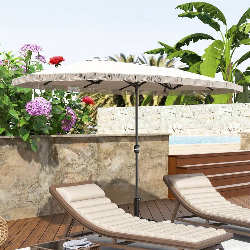 Large Double Rectangle Patio Umbrella with Crank Lift and UV Protection Steel Pole Fringe
