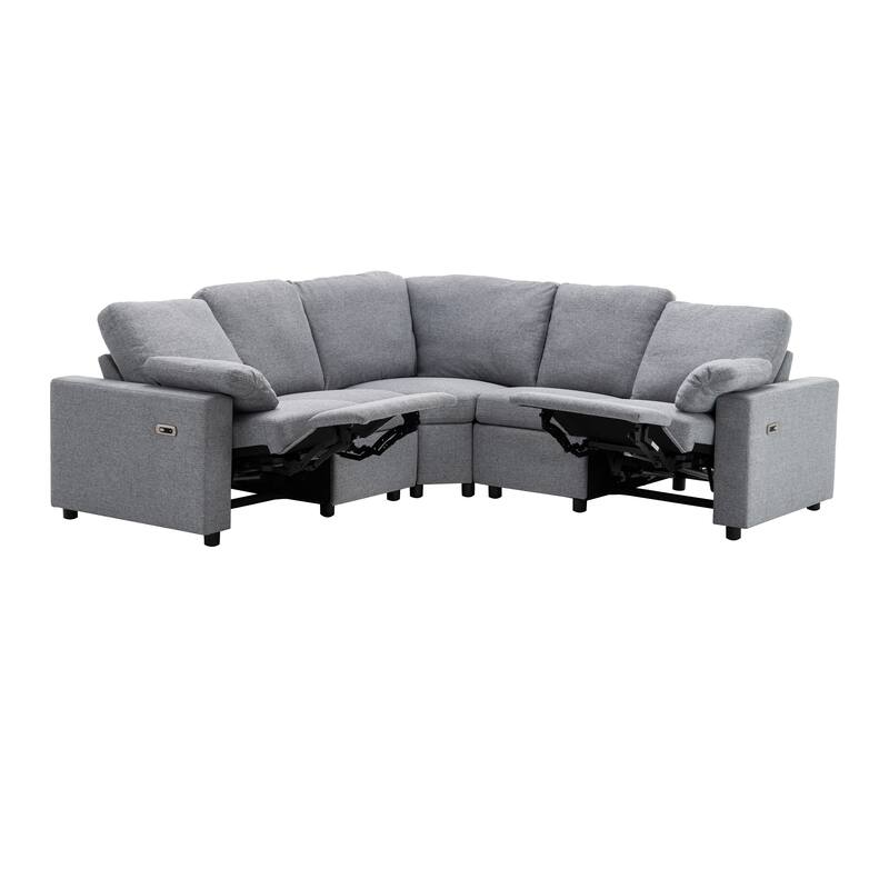 88.9" Linen Power Recliner Sectional 5-Seat Sofa with USB Ports and Storage Drawers