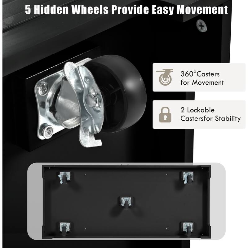 48.50'' Fluted Kitchen Island with Power Outlet, Rolling Wheels, 3 Drawer, 3 Open Side Racks and 10 Gallon Garbage Bin