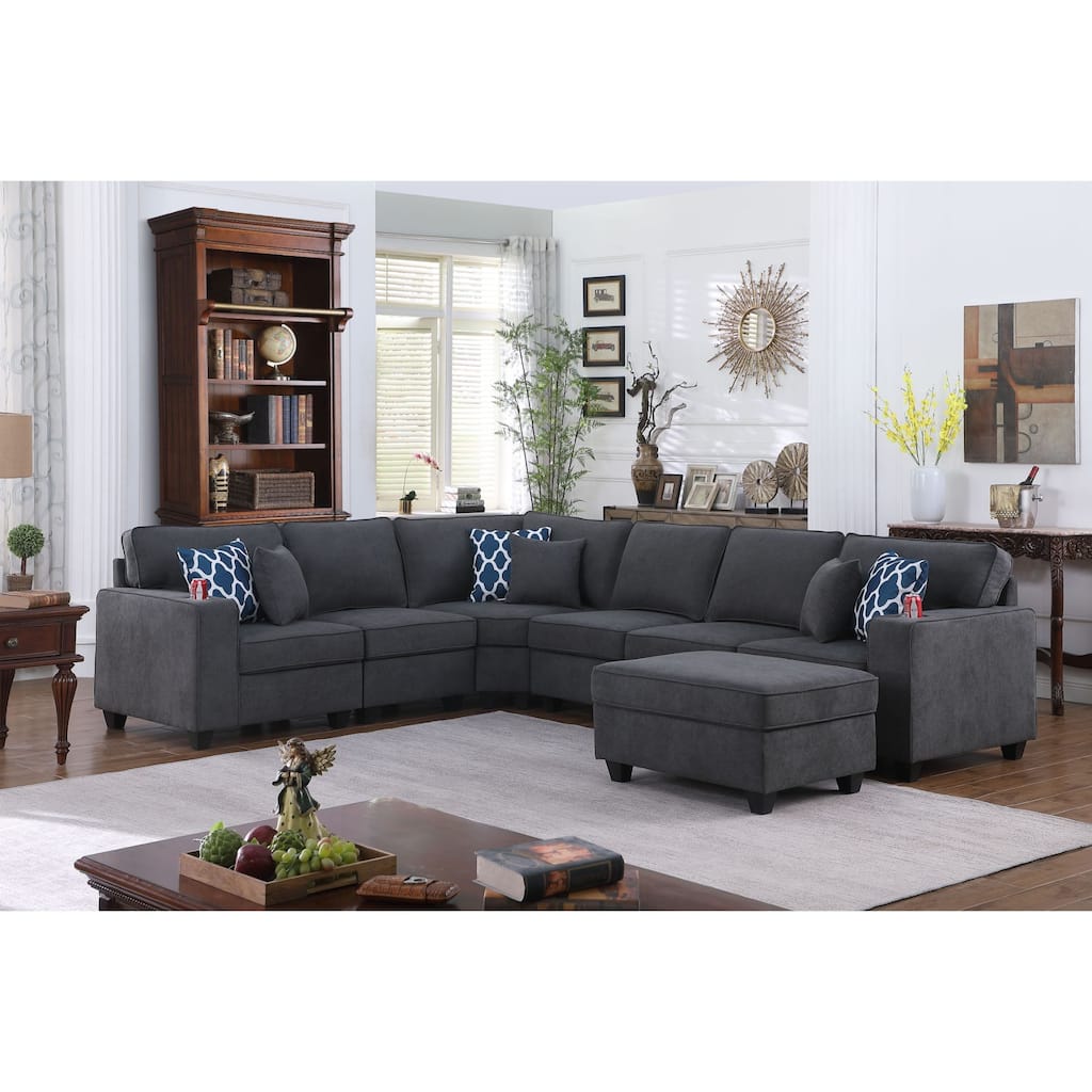 7 Piece Woven Upholstered Sectional Sofa with Ottoman in Stone Gray