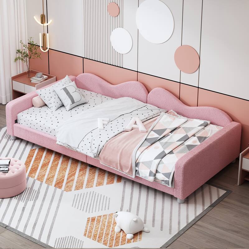 Twin size Upholstered Daybed, Sherpa Fabric Sofabed with Cloud-Shaped Backrest, No Box-spring Needed, White