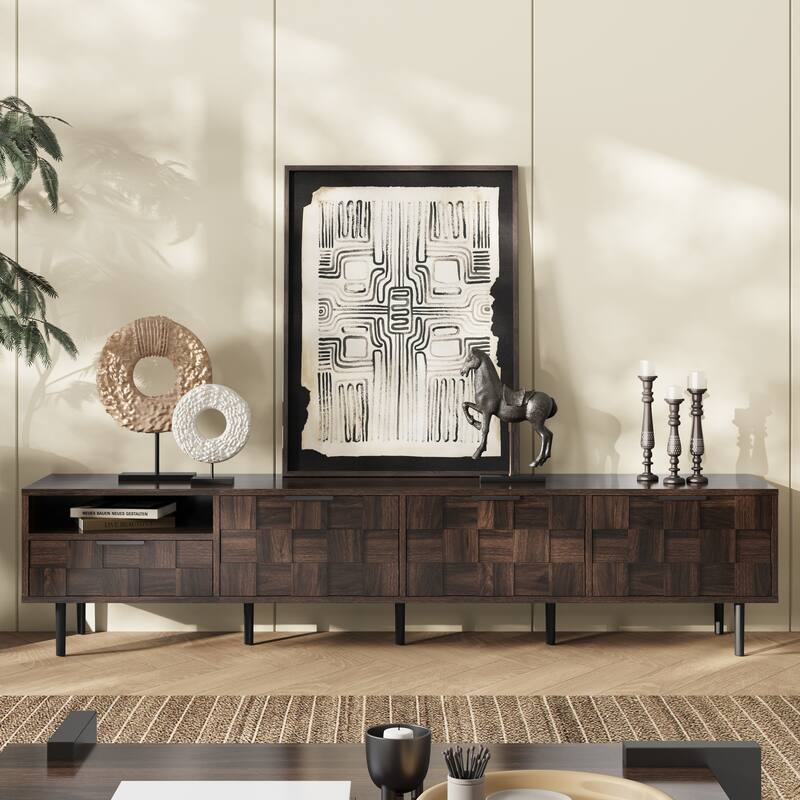 Modern Checkered Design TV Stand, Media Console, for 85/75/65-inch TVs with Storage, for Living Rooms, Walnut