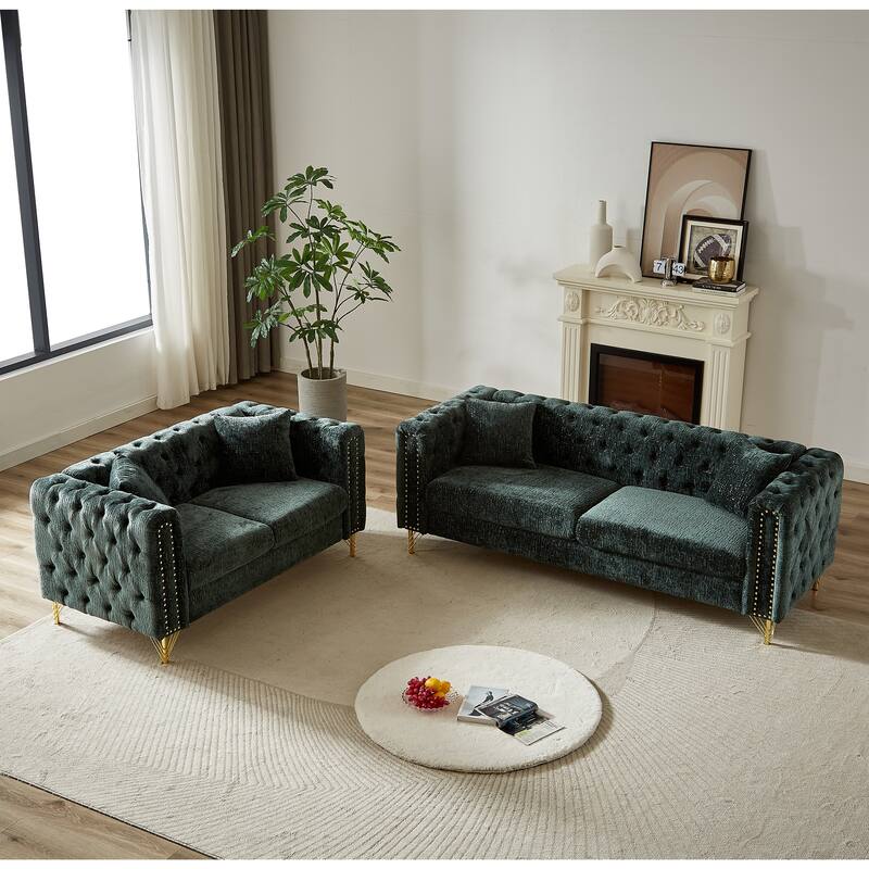 5-Seater Modern Chenille Sofa, Button Tufted with Metal Legs and Nailhead Trim - Green