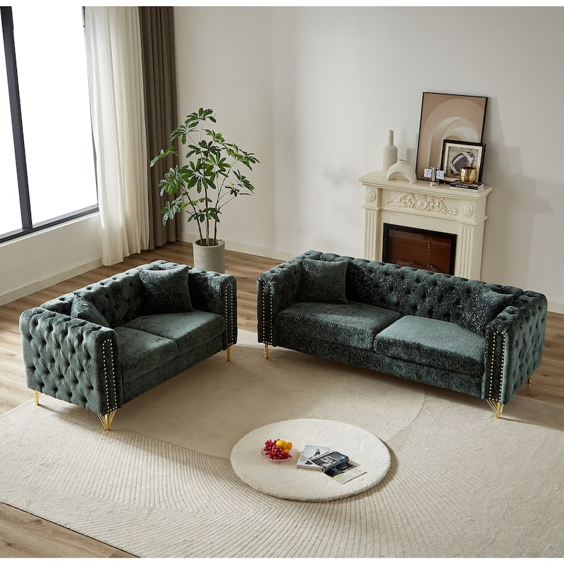 Classic Chesterfield 5-Seat Sofa with Nailhead Trim & Button Tufting, Chenille Upholstery - Green