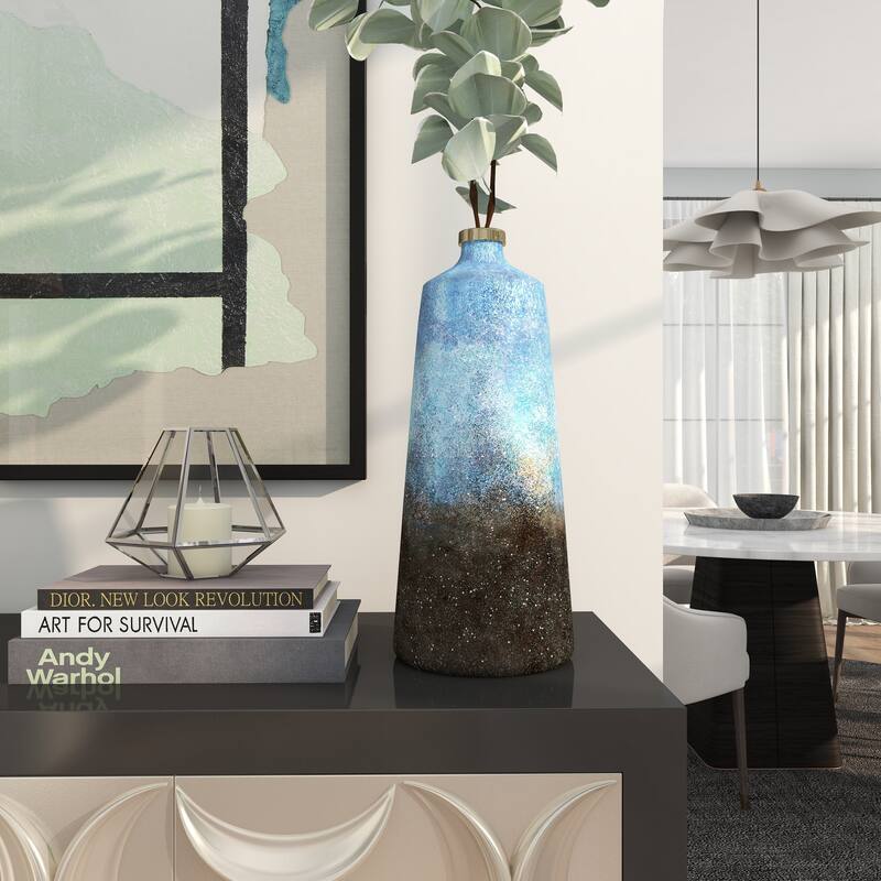 Blue Glass Galaxy Inspired Abstract Decorative Vase with Gold Top - Blue