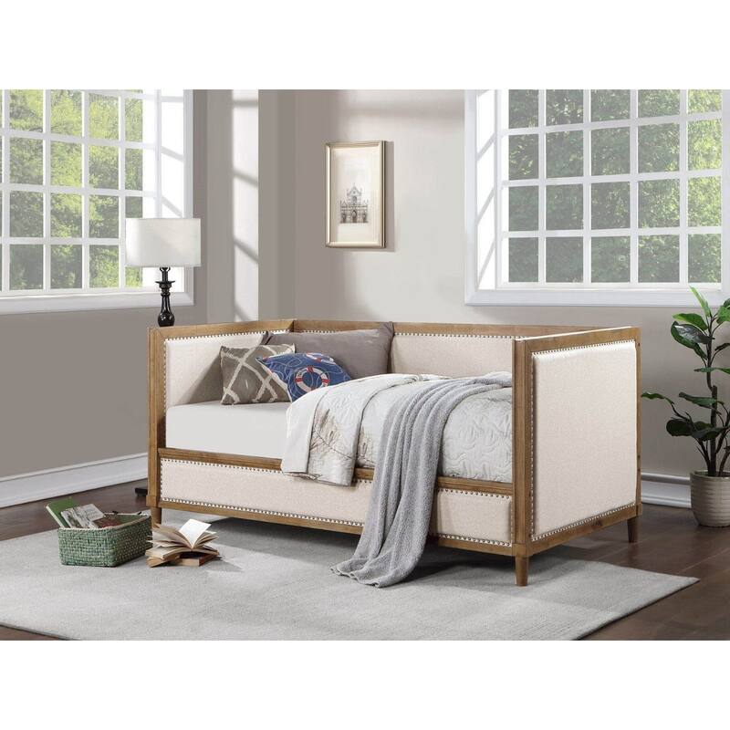 Beige Fabric Upholstered 1pc Day Bed Light Oak Bed Frame Nailhead Trim Bedroom Furniture Mattress Ready Twin Day Bed