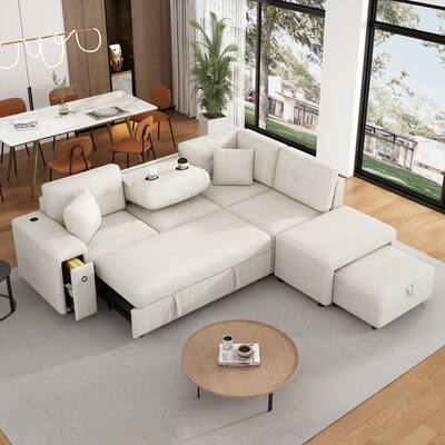 86.6" L-Shaped 4-Seat Sectional Sofa with Pull-Out Bed, Movable Ottoman, USB Ports, and Cup Holder Drop-Down Table