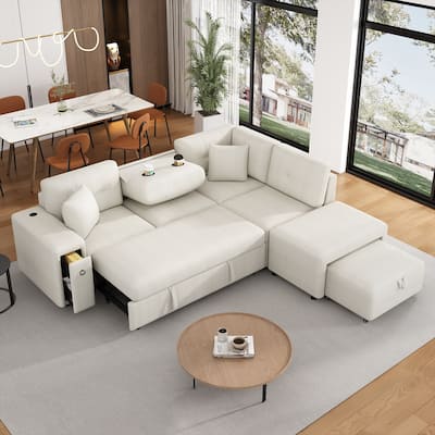 86.6" L-Shaped 4 Seater Sectional Sofa with Pull-Out Bed, Movable Ottoman, USB Ports, and Cup Holder Drop-Down Table