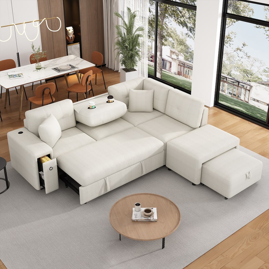 86.6" L-Shaped 4 Seater Sectional Sofa with Pull-Out Bed, Movable Ottoman, USB Ports, and Cup Holder Drop-Down Table