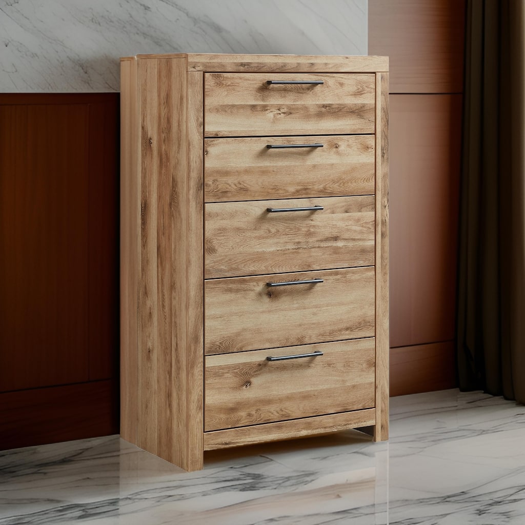 Oma 54 Inch Tall Dresser with 5 Gliding Drawers, Natural Brown Finish