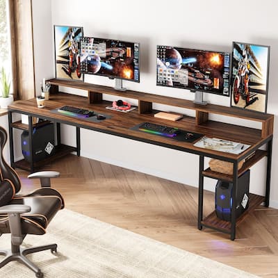 Two Person Desk with Monitor Stand,78.74"Long Double Computer Office Desk with Storage Shelves,Large Writing Table Workstation