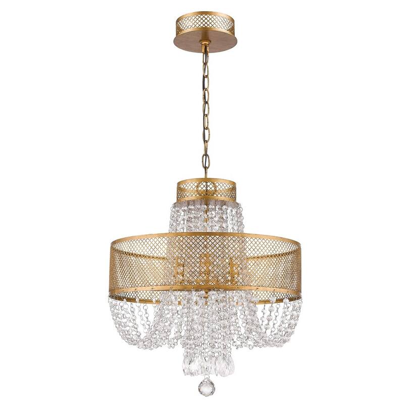 HomeRoots Gold Four Light Metal and Crystals Dimmable Chandelier With Shades - 18' X '20.5' X '18