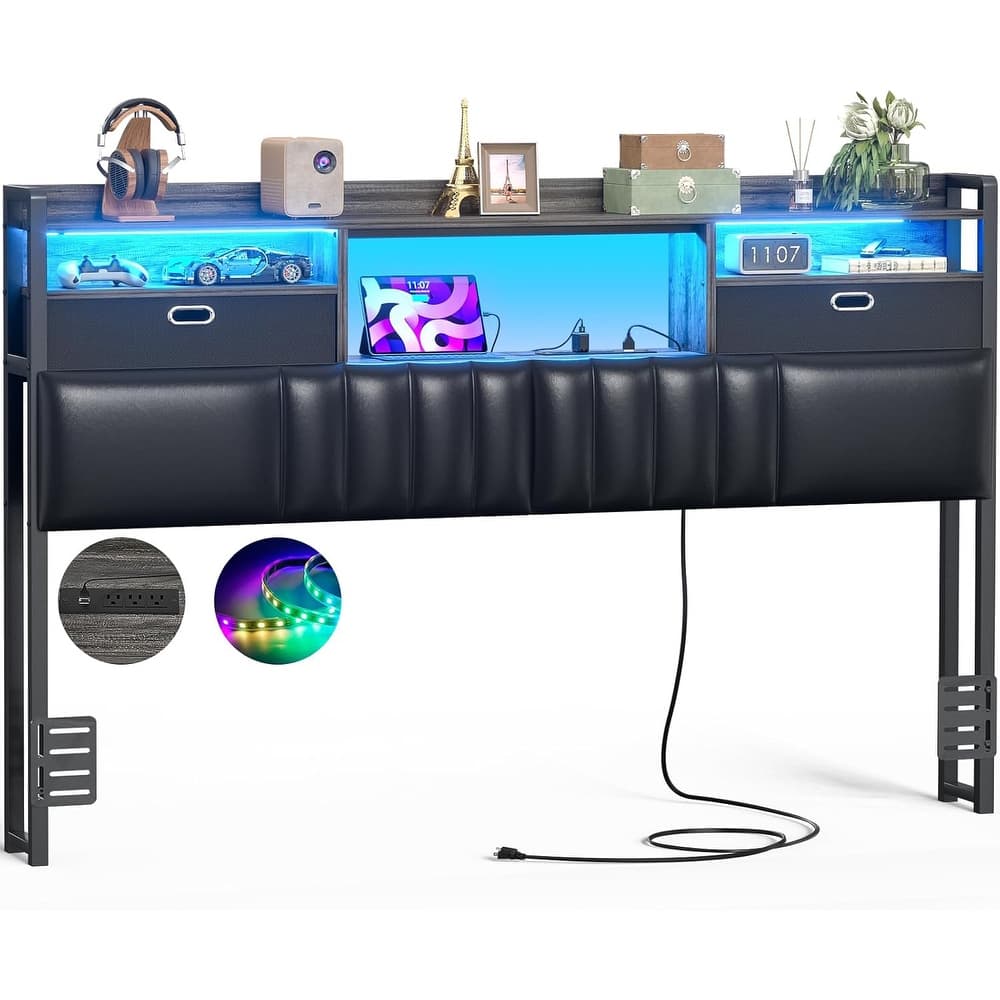 Upholstered Headboard with Drawer Storage and RGB LED Light, Sturdy Headboard with Charging Station ＆ Bookcase