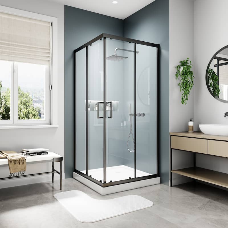 Modland 36x71''H Corner Double Sliding Shower Door with 6mm Tempered Glass for Space-Saving Sliding Design, Black/Gold - Matte Black