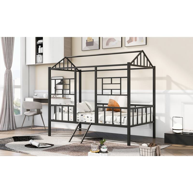 Metal House Bed Frame for Kids with Treehouse Design and Storage Space