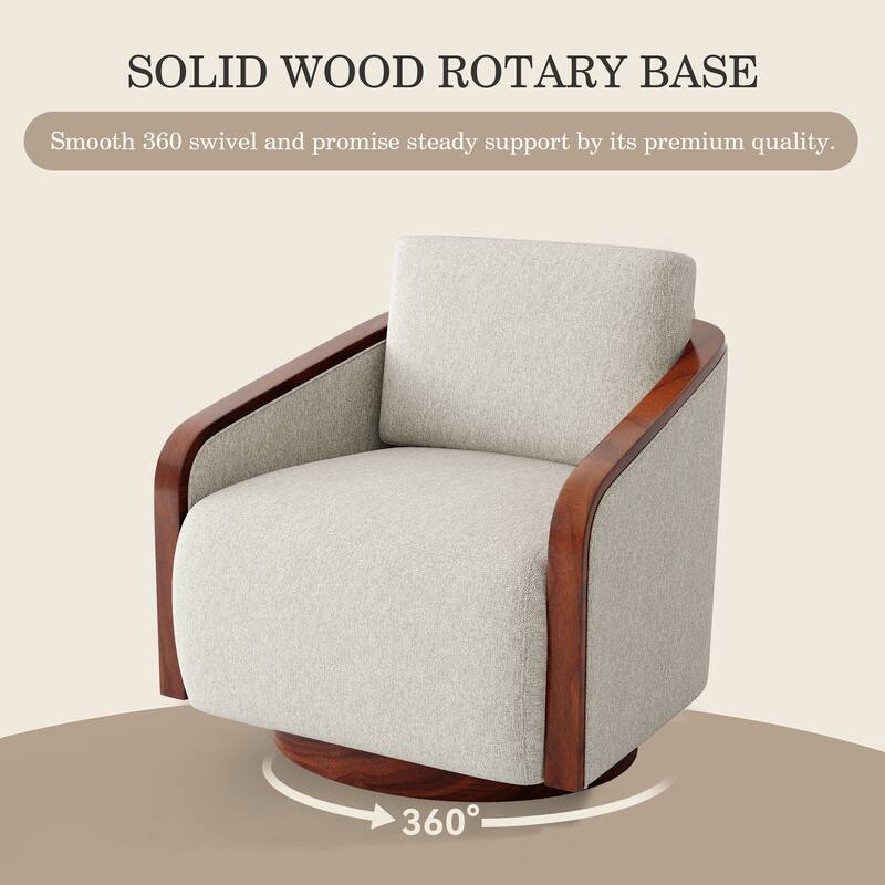 Upholstered Swivel Barrel Chair with Curved Wood Arms