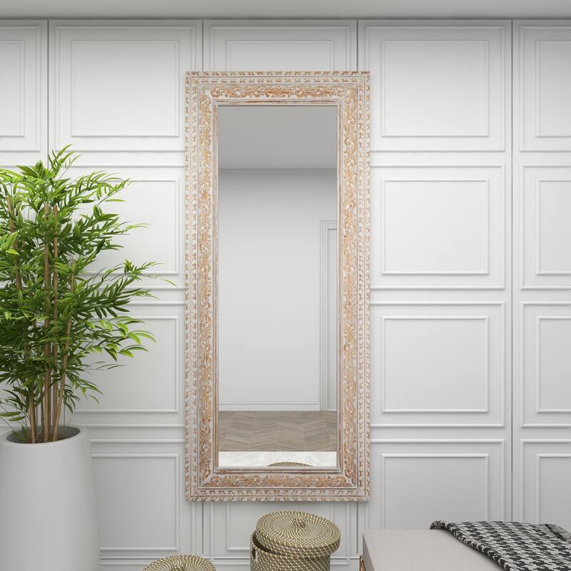 White Mango Wood Vine Scroll Room Wall Mirror with Brown Carved Detail
