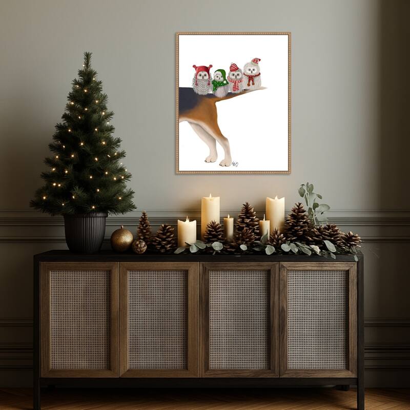 Christmas Bummer Owls by Fab Funky (23 x 28 in.), Framed Canvas Wall Art Print - Sylvie Beaded Rustic Natural