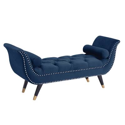 3 Piece Navy Blue Velvet Diamond Tufted Nail Head Trim Bench With Gold Capped Legs 4.25'