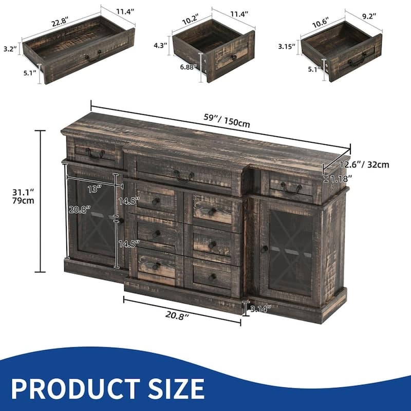 Farmhouse TV Stands Buffet Sideboard with 9 Drawers Cabinet Dark Oak - 58 inches
