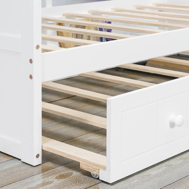 Twin Size Wooden Canopy Day Bed with Twin Trundle, Solid Pine Wood Frame with Backrest, Space Saving Design