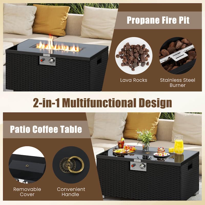 Costway 2 PCS Outdoor Rattan Fire Table Set with Tank Cover Tempered - See Details
