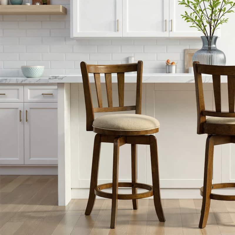 Wren Modern Farmhouse Swivel Wood Counter Height Kitchen Bar Stool in Sepia Brown Finish withUpholstered Seat - Set of 2 - Light Scone - Counter Height