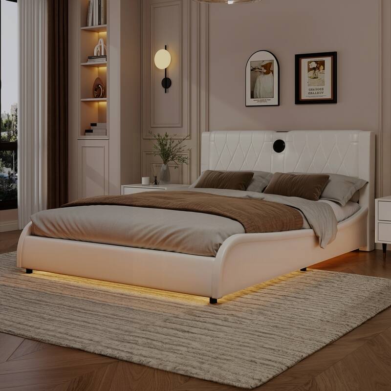 Faux Leather Upholstered Platform Bed with Thickened Headboard