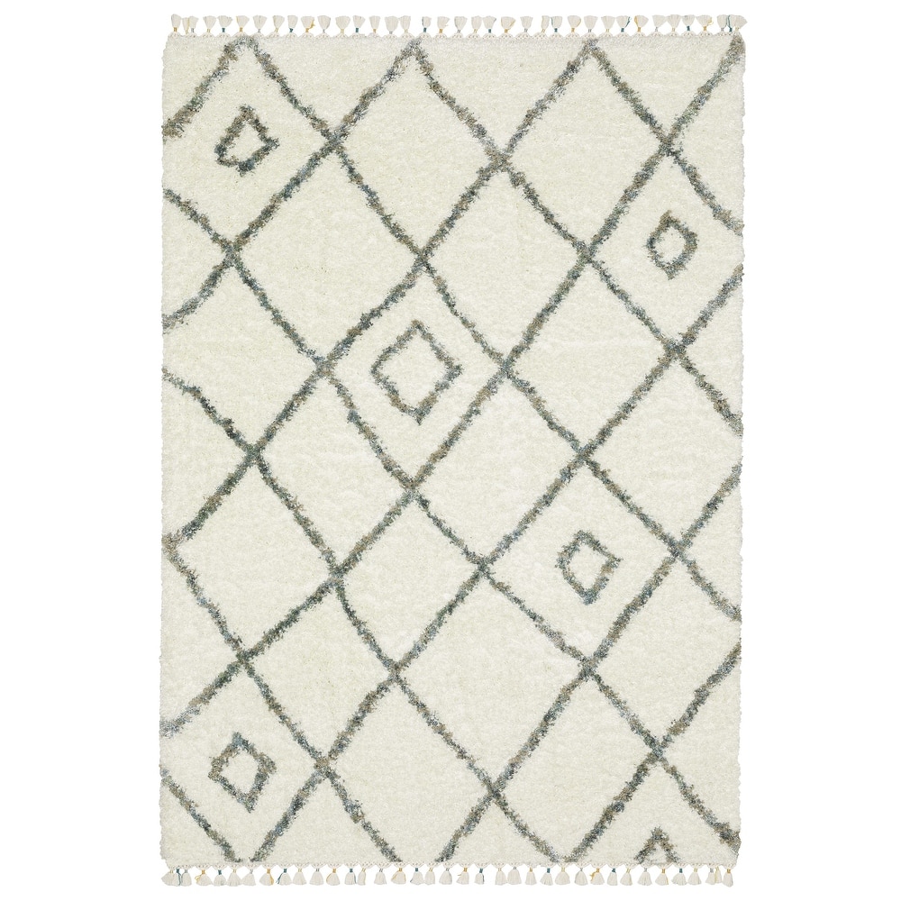 Style Haven Aire Diamond Lattice Ivory/ Multi Shag Tassel Fringe Area Rug.
