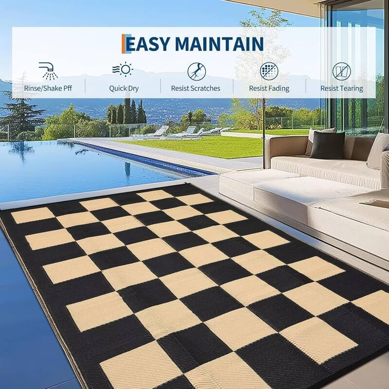 Outdoor Rug Checkerboard Geometric Plaid Pattern, Waterproof Plastic Straw Rug, UV Resistant Foldable Outdoor Rug