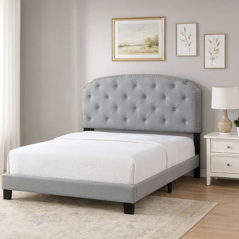 Twin Bed with Button Tufted Scalloped Headboard, Light Gray