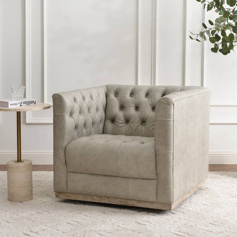 KINWELL 100% Genuine Leather Square Swivel Barrel Accent Chair - Grey