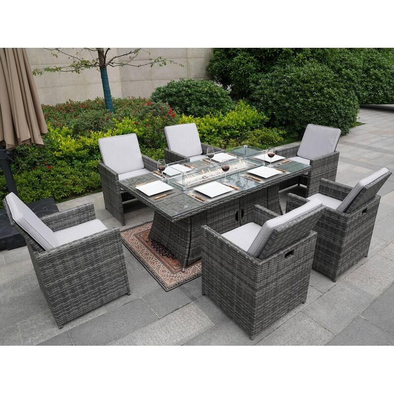 7-Piece Patio Wicker Rectangle Firepit Table with Chairs