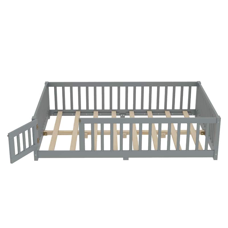 Montessori Toddler Floor Bed with Fence and Switchable Door, Low Profile Bed Frame with Removable Slats, Safe Transition Bed