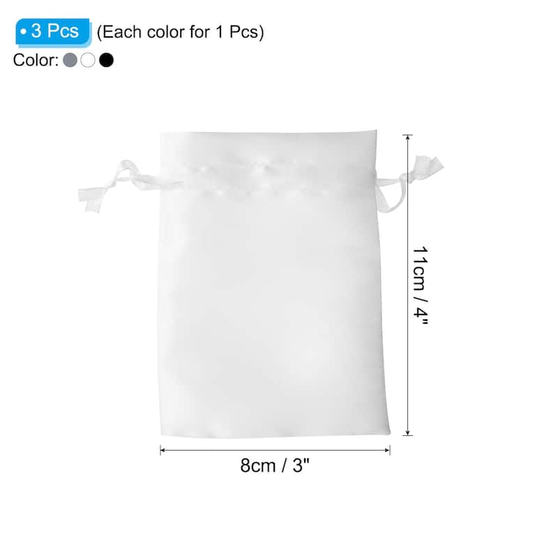 Satin Bags with Drawstring, 3Pack 3x4 Inch Wedding Favor Bags, 3 Color - 3x4 Inch - Black, Grey, White